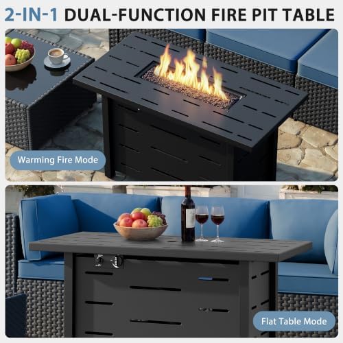 Shintenchi 6 Piece Outdoor Patio Furniture Set with 43 Inch Propane Fire Pit, Washable Cushions, Glass Coffee Table, Waterproof Cover & CSA Certified for Backyard Poolside, Black PE Rattan/Navy Blue - Image 6