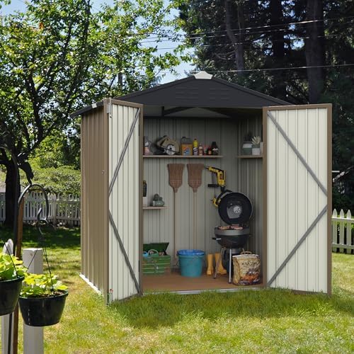 Flamaker 6x4 FT Storage Shed Waterproof Metal Garden Shed with Lockable Door Utility Tool Shed Outdoor Storage for Backyard, Patio and Lawn, Brown - Image 2