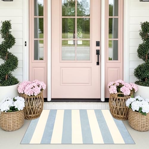 Blue White Striped Outdoor Rug - 28" x 43" Front Door Mat Indoor Outside Entrance Non-Slip Washable Summer Welcome Mat for Front Door Coastal Rug for Entryway Kitchen Bedroom Porch Decor - Image 4