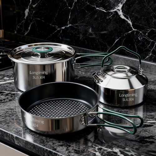 Stainless Steel Camping Cookware, durable, easy to clean, and quick to heat up. Durable camping pots and pans, perfect for family picnics, camping, backpacking, hiking. - Image 2