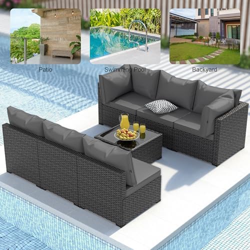 Patio Furniture Set, 7PCS Outdoor Sectional PE Rattan Patio Conversation Set w/Thickened Cushion Modular Wicker Patio Sofa Set w/Coffee Table for Balcony, Backyard(Grey) - Image 6
