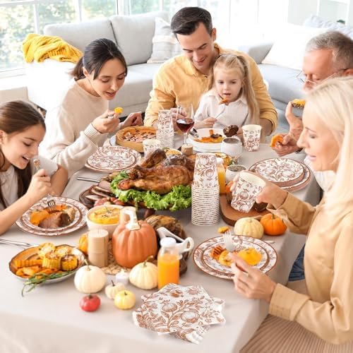 Kochorie 96 Pieces Fall Disposable Pomegranate Paper Plates Thanksgiving Vintage Floral Party Supplies Orange Floral Tableware Set Includes Paper Plates Cups Napkins Serve 24 for Wedding Baby Shower - Image 6