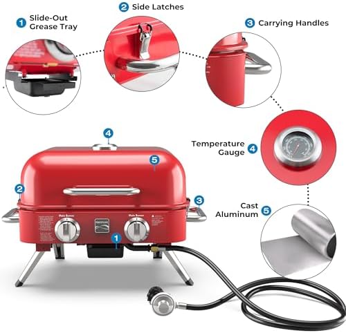 Kenmore Portable Propane Gas Grill - Tabletop BBQ Grill with Warming Rack, 2 Stainless Steel Burners with 14,000 BTUs, for Outdoor Kitchen, Camping, Red - Image 6