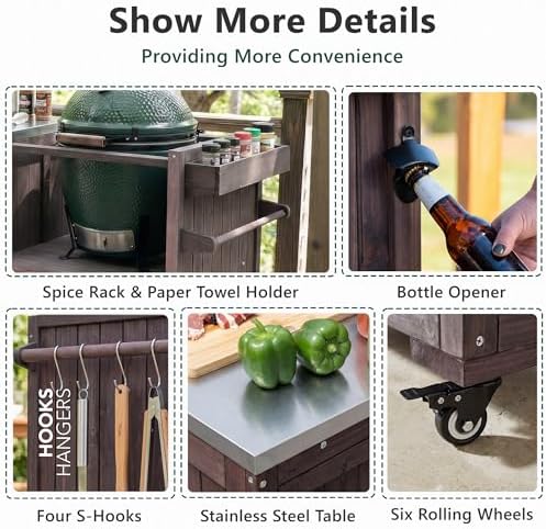Outdoor Kitchen Island for Big Green Egg Grills, Grill Cart Table with Stainless Steel Top and Blackstone Griddle, Kitchen Storage Table with Cabinets and Drawer for 21"/28" Blackstone Griddle, Brown - Image 6