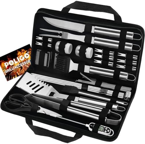 POLIGO 29 PCS BBQ Grill Accessories Stainless Steel BBQ Tools Grilling Tools Set with Storage Bag for Fathers Day Dads Birthday Presents - Camping Grill Utensils Set Ideal Grilling Gift for Men Silver by POLIGO