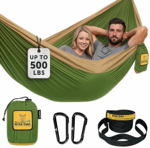 Wise Owl Outfitters Hammock for Camping Double Hammocks Gear for The Outdoors Backpacking Survival or Travel - Portable Lightweight Parachute Nylon DO Green & Khaki by WiseOwlOutfitters