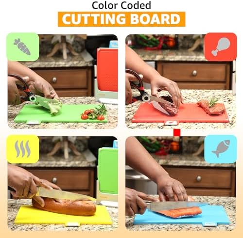 Cutting Board Set 12"L x 9"W: 4-Piece Color-Coded, Non-Slip, BPA-Free, Perfect kitchen essentials for new home, Dishwasher Safe with Premium Scissors & Chopping Board Organizer, Quality kitchen stuff. - Image 5