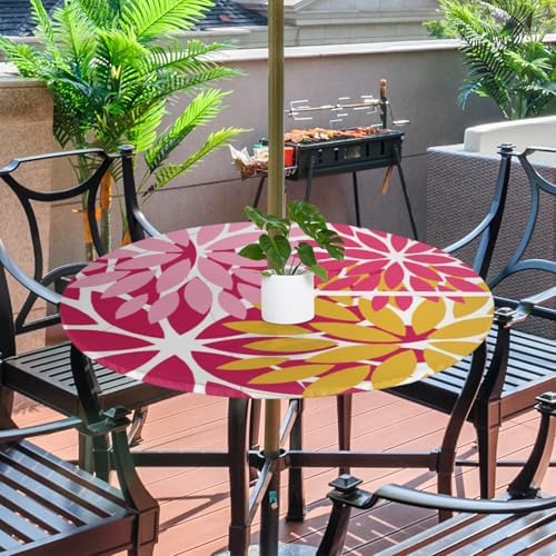 Round Tablecloth with Umbrella Hole and Zipper Elastic Fitted Table Cloth 36"-44" Oil-Proof Waterproof Patio Table Cover for Outdoor Picnic Party, Spring Summer Geometric Elegant Pink Yellow - Image 2