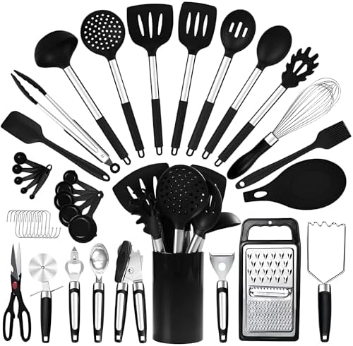 40PCs Silicone Cooking Utensils Set 446℉ Heat Resistance, RFAQK BPA Free Kitchen Utensils Set for Nonstick Cookware, Gadgets includes Can Opener, Potato Smasher,Peeler,Tongs,Spatula Set,Pizza Cutter by RFAQK