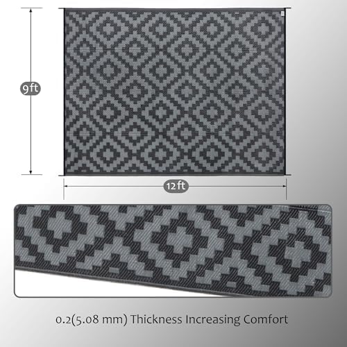 SAND MINE Waterproof Outdoor Rug 9x12 ft, Plastic Reversible Rug, Modern Area Rug, Large Floor Mat for Outdoors, RV, Patio, Backyard, Deck, Picnic, Beach, Camping, Black Grey Lattice - Image 2