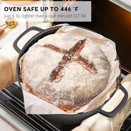 Large Dutch Oven Pot with Lid-7.5QT Cast Aluminum Oven Pot with Two Handles Lightweight for Bread Baking Braising and Roasting(Black) - Image 3