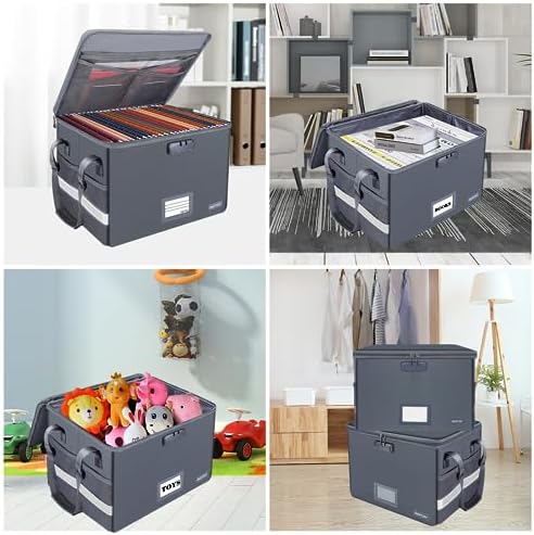 ENGPOW File Box with Lock, Fireproof Document Box with Zipper Lid, Collapsible File Organizer Storage Filing Cabinet with Handle, Portable Home Office Safe for Hanging Letter/Legal Folders, Grey - Image 2