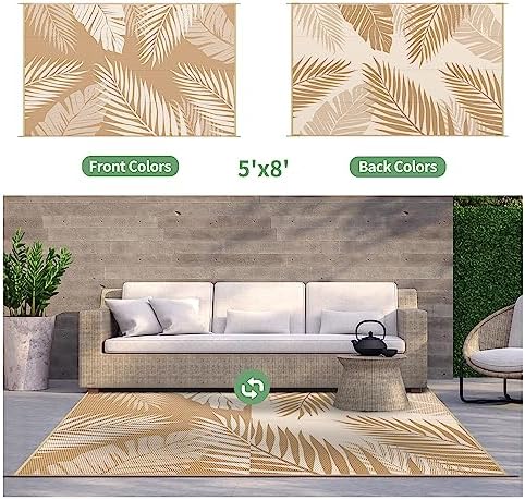 GENIMO Outdoor Rug, Waterproof Plastic Rugs for Patio, 5'x8' Brown Beige - Image 2