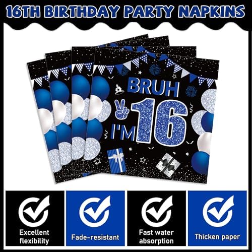 96PCS 16th Birthday Party Paper Plates and Napkins and Forks Set for Blue and Silver Bruh I'm 16 Years Old Party Paper Plates Disposable Decor Happy 16th Parties Set for Teens Birthday Decorations - Image 4