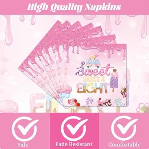 Sweet Sassy and Eight Birthday Decorations, 96PCS Donut 8th Birthday Disposable Paper Plates and Napkins Decoration for Girls, Ice Cream Theme Bday Forks Decor for 8 Year Old Girl Serve 24 - Image 3