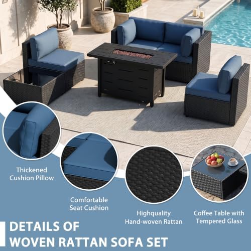 Shintenchi 6 Piece Outdoor Patio Furniture Set with 43 Inch Propane Fire Pit, Washable Cushions, Glass Coffee Table, Waterproof Cover & CSA Certified for Backyard Poolside, Black PE Rattan/Navy Blue - Image 4