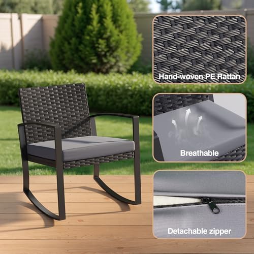 Qsun 3 Pieces Patio Furniture Set Rocking Bistro Set Outdoor Rattan Conversation with Coffee Table for Garden Balcony Backyard Poolside (Grey Cushion) - Image 4