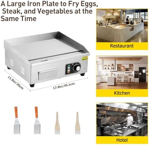 18" 1500W Stainless Steel Electric Griddle, Commercial Countertop Flat Top Grill with Adjustable 122–572°f Thermostat, Includes 2 Spatulas & Cleaning Brushes, Plug-in Grill for Indoor/Outdoor Cooking - Image 2