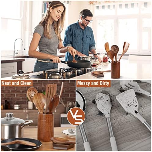 Mooues Wooden Kitchen Utensil Set, 15 Piece Natural Teak with Spoon Rest - Image 7