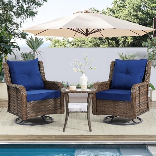 Wumiokio Patio Furniture Sets, 3 Pieces Wicker Outdoor Furniture - 360 Degree Swivel Rocking Chairs and Rattan Side Table for Garden,Porch,Backyard (Brown Wicker/Blue Cushion, 3PCS - Swivel Chairs) - Image 2