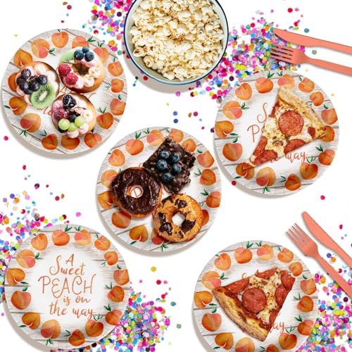 Birthday Galore Sweet Peach on the Way Gender Reveal Baby Shower – 32 Pieces Large 9" Round Disposable Paper Plates – Ideal for Vibrant, Bright Themes, Celebrations, Party Decorations & Special Events - Image 4