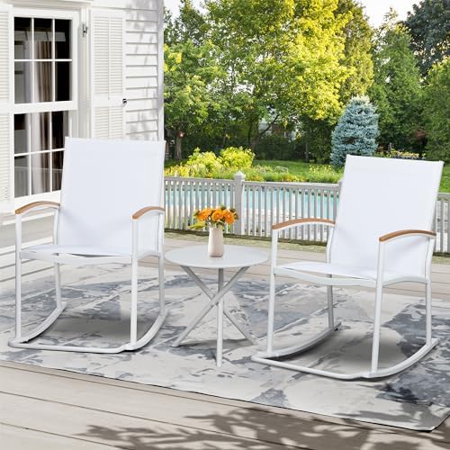 Shintenchi 3 Piece Outdoor Rocking Bistro Set, Textilene Fabric Small Patio Furniture Set, Front Porch Rocker Chairs Conversation Set with Table for Lawn, Garden, Balcony, Poolside (White) - Image 2