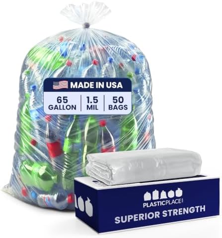 Plasticplace 65 gallon Trash Bags │ 1.5 Mil │ Clear Heavy Duty Garbage Can Liners │ 50” x 48” (50Count) by Plasticplace