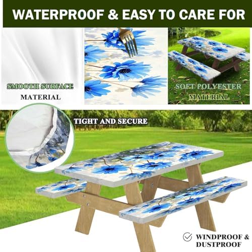 CAPSCEOLL Fitted Picnic Table Cover with Bench Covers 5ft - Blue Flowers - Image 4