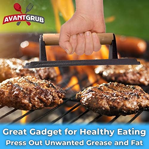 Pro Grade, Pre Seasoned Cast Iron Grill Weight 1Pk. Heavy Duty Steak and Burger Press with Wooden Handle for Grills, Griddles and Flattops. Perfect Gadget for Bacon, Paninis, Sandwiches and Vegetables - Image 4