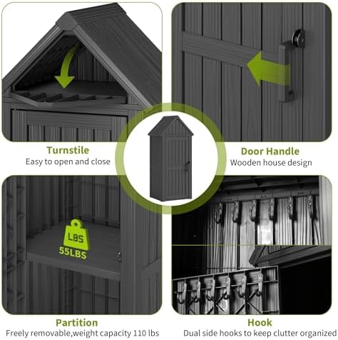 Outdoor Storage Shed, Waterproof Storage Cabinet with Sloping Roof and Lockable Door, Resin Shed with Ample Space, Multiple Hooks for Backyard Patio, Garden, Lawn, Classic Black - Image 6