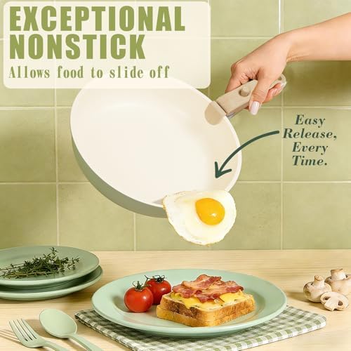 Umite Chef Non Stick Pots and Pans Set, 21 Pcs Ceramic Kitchen Cookware Set with Detachable Handle, Nonstick Healthy Induction Cookware, Dishwasher RV Cookware Set, Oven Safe, Stackable, Sage Green - Image 4