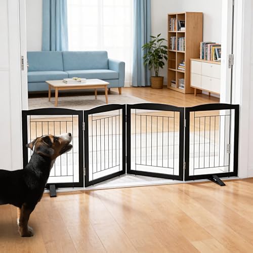 ZJSF Freestanding Dog Fence Indoor, Foldable Dog Gate for Doorways, Stairs or Hallways, Sturdy Wood Extra Wide Pet Gate with Support Feet for The House, Black, 24 "Height-4 Panels by ZJSF