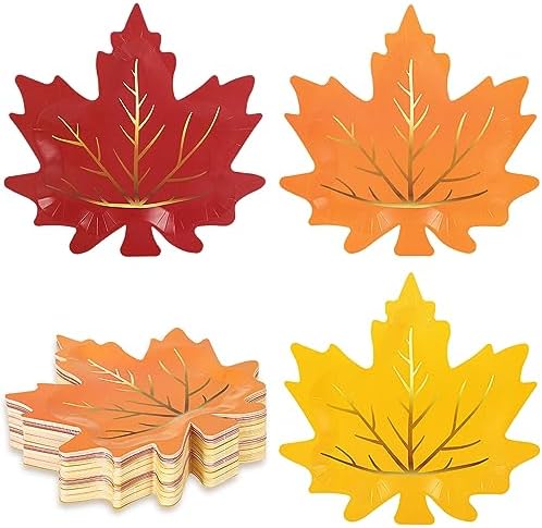 Whaline 30Pcs Fall Thanksgiving Paper Plates Maple Leaf Disposable Plate 3 Colors Gold Foil Autumn Leaves Tableware Plates for Harvest Wedding Holiday Supplies Decor by Whaline