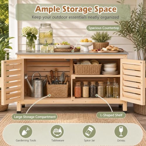 Goplus Patio Storage Cabinet, 2-Door Console Table (Natural) - Image 3