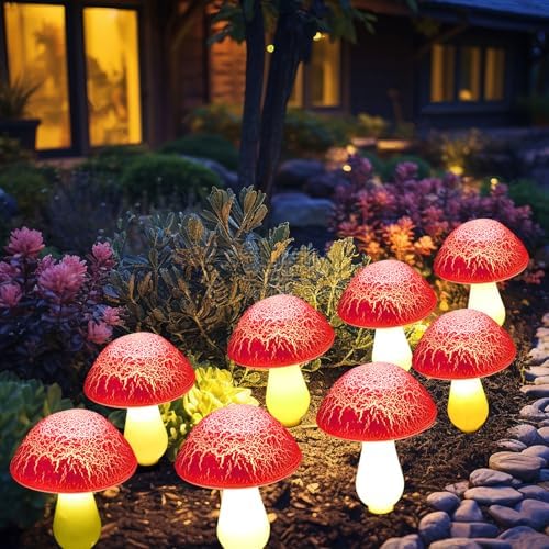 Solar Mushroom Lights Garden Decor 8 Red Crack Mushrooms Outdoor Decor Stake Lights, Waterproof Solar Pathway Light Gardening Gifts for Landscape Easter Gnomes Yard Halloween Christmas Decorations - Image 2