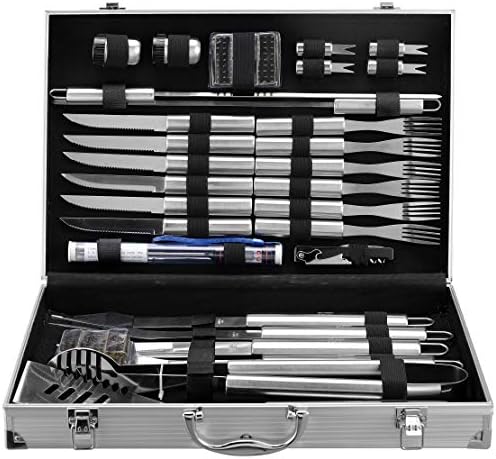 30 Piece BBQ Grilling Gift Set - Professional Grade Stainless Steel Barbecue Grill Tool Set with Aluminum Storage Case - Includes 4-in-1 Spatula Turner, Tongs and Many Other BBQ Grilling Accessories by CheerCollection