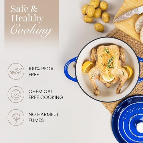 Cast Iron Pot with Lid-Non-Stick Ovenproof Enamelled Casserole Pot, Oven Safe up to 500° F-Sturdy Dutch Oven Cookware - Dark Blue, 5-Quart, 24cm by- Nuovva - Image 4