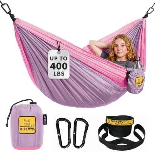 Wise Owl Outfitters Kids Hammock - Small Camping Hammock, Kids Camping Gear w/Tree Straps and Carabiners for Indoor/Outdoor Use, Kid Size Lavender & Pink by WiseOwlOutfitters