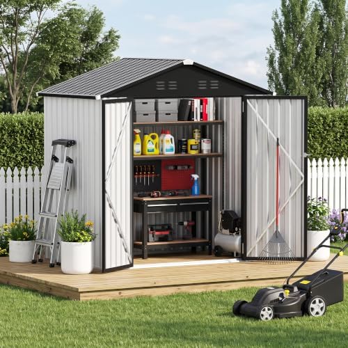 6 x 4 FT Outdoor Storage Shed, Waterproof Metal Garden Tool Shed with Gable Sloped Roof, Lockable Door & Air Vents for Backyard Patio Lawn, White by Unknown
