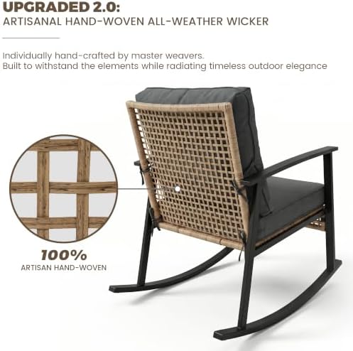 TARKARI 3-Piece Patio Rocking Chairs Set of 2, Rocking Chair Bistro Set [Upgraded 2.0] & 2-Tier Coffee Table, Wicker Rocking Chair Outdoor Patio Furniture Set for Backyard, Porch, Balcony (Grey) - Image 6