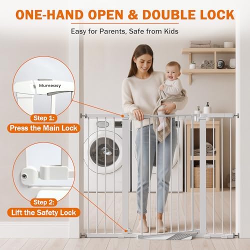 Mumeasy 36" Extra Tall Baby Gate for Stairs, 29.7-51" Wide Dog Gates Indoor for Doorways with Easy Walk Thru, Auto Close Pet Safety Gate for House, Pressure Mounted Metal Child Gate with Door, White - Image 3
