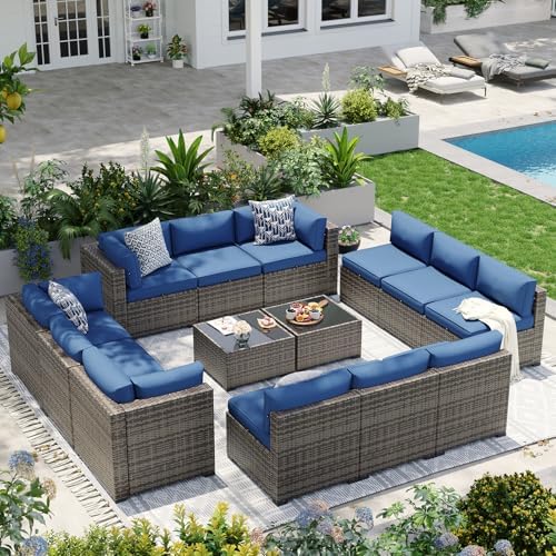 Aoxun Patio Furniture Sets, 14-Piece Outdoor Patio Furniture with 44'' Propane Gas Firepit Table, Wicker Outdoor Conversation Set Sectional Sofa for Backyard, Poolside, Garden by Aoxun