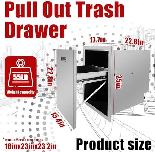 Outdoor Kitchen Single Trash Drawer 17.7'' W x 25'' H x 22.8'' D Pull Out Stainless Steel Bin Drawer Built-in Trash Drawers with Handle Suitable for Outdoor Kitchen Island Patio Grill Station - Image 3