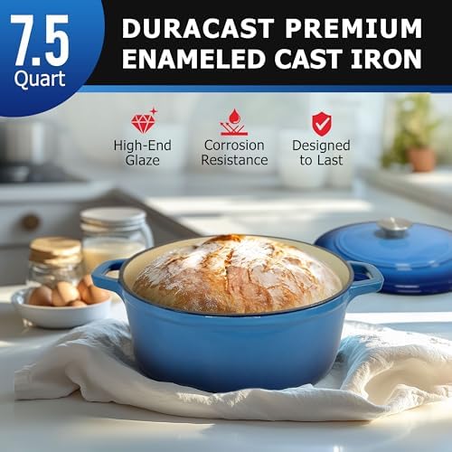 MUELLER HOME 7.5 QT Enameled Cast Iron Dutch Oven, Heavy-Duty Casserole Dish and Braiser Pan with Lid and Stainless Knob, Oven-Safe up to 500° F & Across All Cooktops, Aqua Blue - Image 2