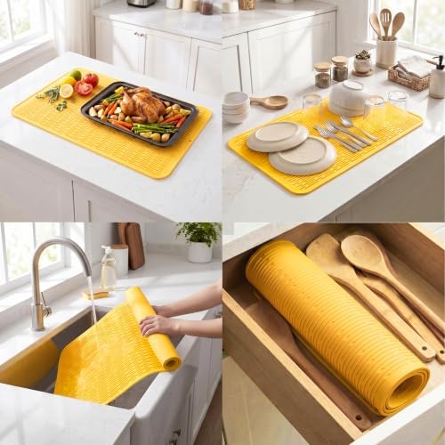 MicoYang Silicone Dish Drying Mat for Multiple Usage,Easy clean,Eco-friendly,Heat-resistant Silicone Mat for Kitchen Counter or Sink,Refrigerator or Drawer Liner Yellow 4XL 32 inches x 18 inches - Image 4