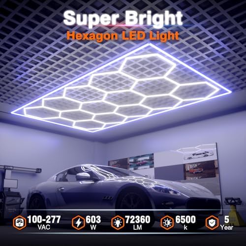 Hexagon Garage Lights, 14 Grids Hexagon LED Lights with Rectangle Frame, 603W 6500K Super Bright Honeycomb Light for Warehouse, Car Detailing Shop, Exhibition Hall, Gym(Blue) - Image 2