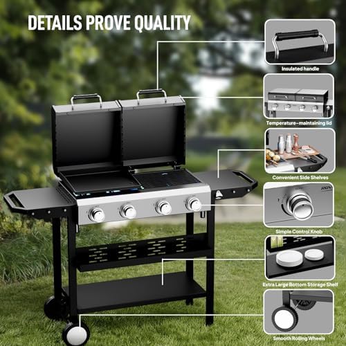 Bonnlo 2 in 1 Propane Flat Top Grill and Griddle Combo with Lid, Powerful 40,000 BTU Grills with Side Shelves & Integrated Ignition, 4 Burners Grill with Movable Wheels for Outdoor BBQ Camping Use - Image 4