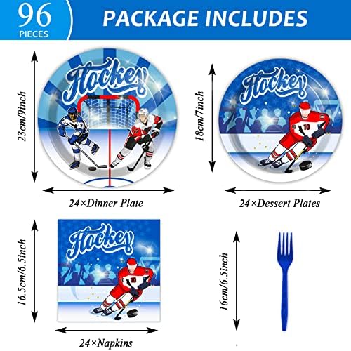 Wiooffen 96pcs Hockey Plates and Napkins Party Supplies Ice Hockey themed Birthday Party Decorations Set Disposable Tableware Kit Hockey Fans Birthday Party Sport Events Favors for Kids, Serve 24 - Image 2