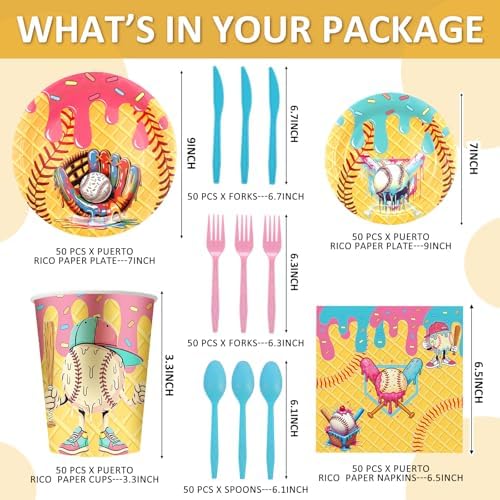 FoldTier 350 Pcs Ice Cream Drip Baseball Birthday Party Decorations Set Ice Cream Paper Plates Napkins Fork Set Disposable Fairy Tableware Decorations Supplies for Baby Shower Dinner Serves 50 - Image 4