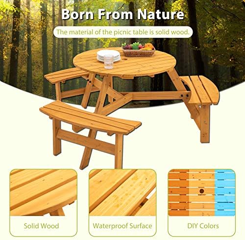 35.43'' Round Outdoor Dining Table Wooden Patio Dining Table & 3 Curved Built-in Bench for 6, 2" Umbrella Hole, Suitable for Backyard Garden Porch, Natural - Image 4